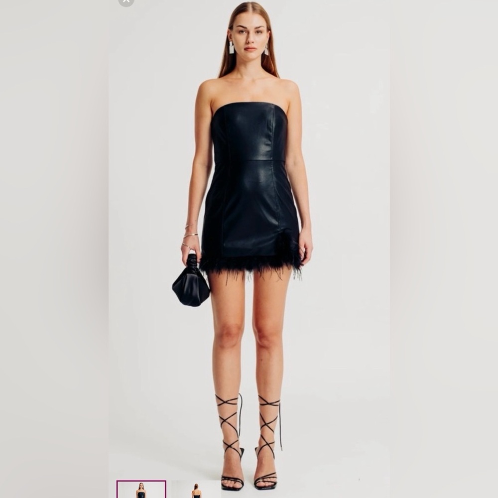 TORN by Ronny Kobo Helena Black Faux Leather Mini TUBE Dress Feather Hem NWT Lg